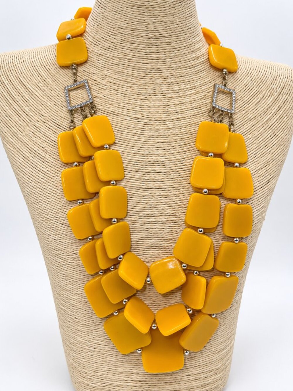 Mustard Yellow Multi-Strand Statement Necklace Rhinestone Accents
